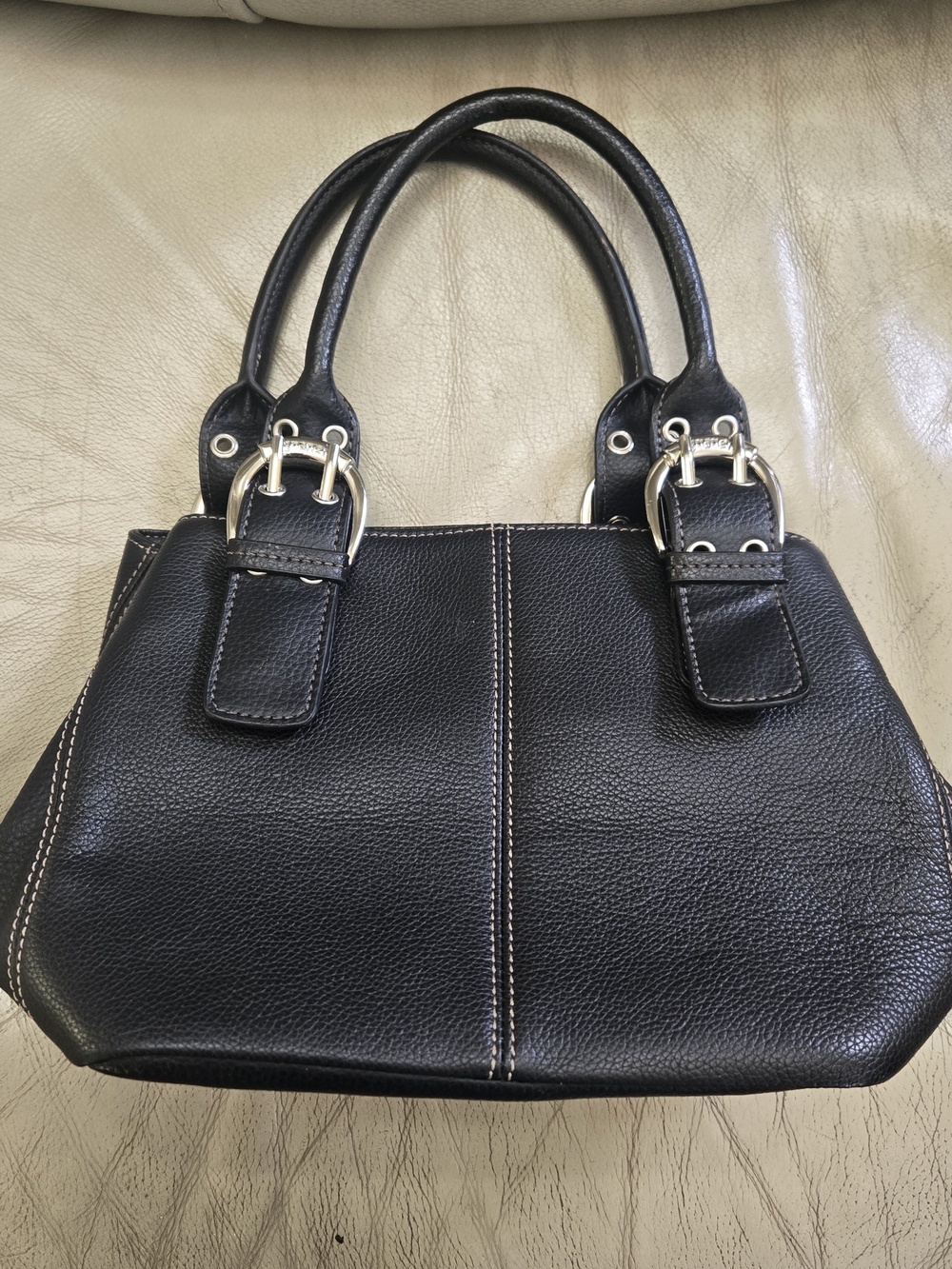 Tignanello Vintage Black Pebbled Leather Satchel Buckle Shoulder Bag